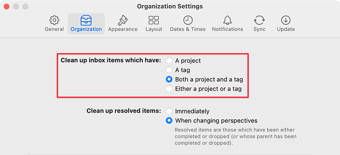 OmniFocus for Mac - Organization Settings - Clean Up Inbox