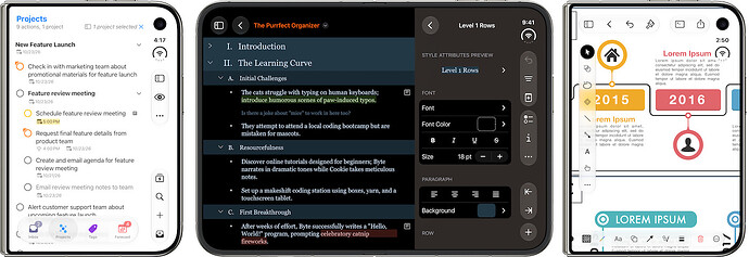 iPhone Duo Screenshots: OmniFocus 4.10, OmniOutliner 6.4, and OmniGraffle 8.0