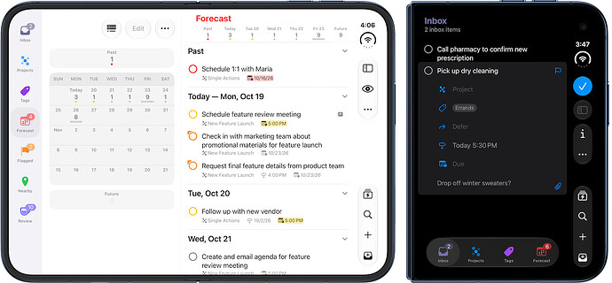 iPhone Duo Screenshots of OmniFocus 4.10 in closed and landscape poses