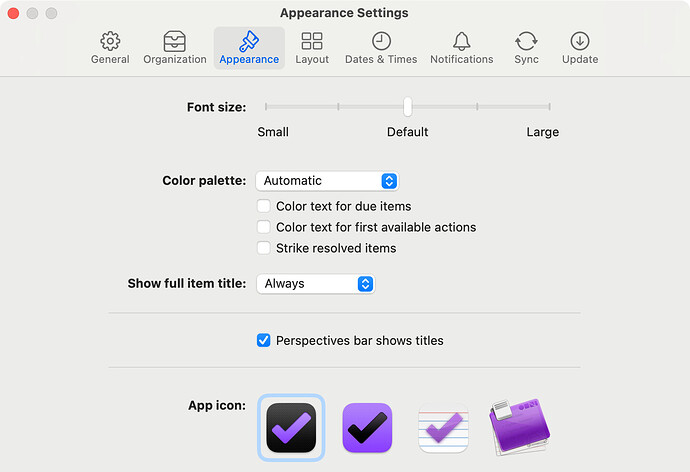 OmniFocus 4.2.1 for Mac - Appearance Settings
