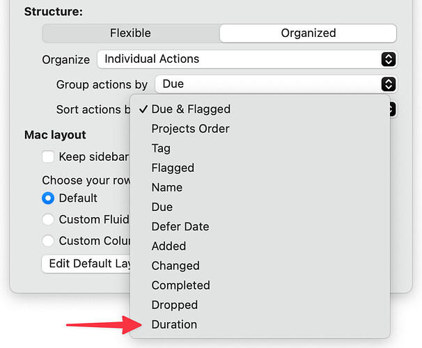 OmniFocus 4 for Mac - Sort by Duration