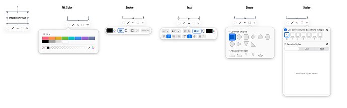 The fill, stroke, text, shape, and style options offered by the Inspector HUD when a shape is selected.