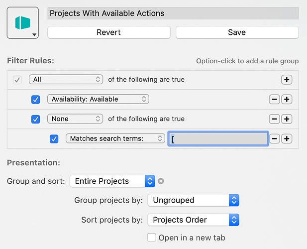 OmniFocus - Custom Perspective - Projects with Available Actions - No Single Action Lists