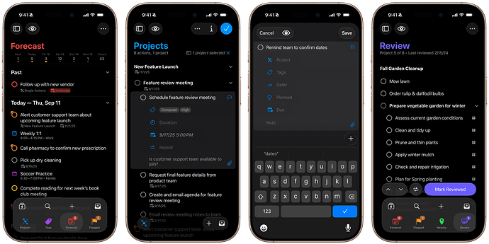 Screenshots of OmniFocus 4.8 for iPhone, demonstrating the new collapsing navigation bar along with other Liquid Glass elements.