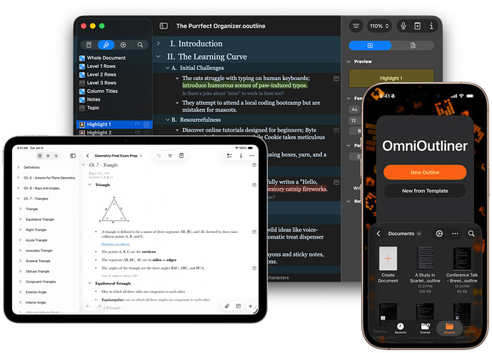 Screenshot: OmniOutliner 6 on multiple platforms.